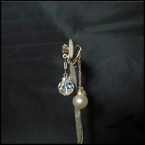 Formal Clip On Dangle Earrings UNIQUE Design Double Dangles Faux Pearl & Crystal - Picture 3 of 12